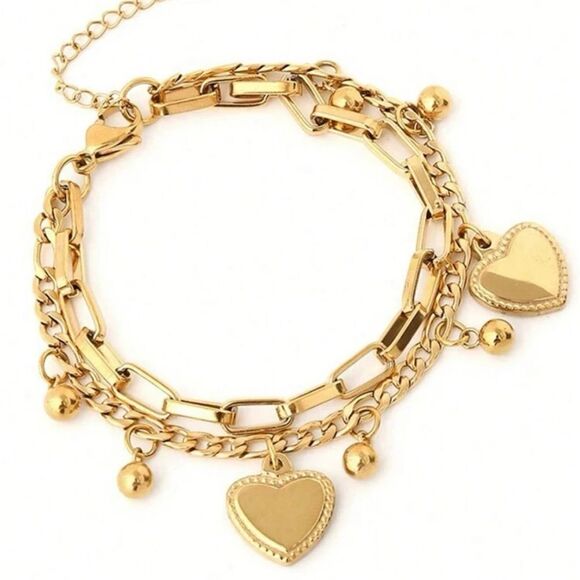 Gold Heart Charm Layered Chain Bracelet - Picture 1 of 2